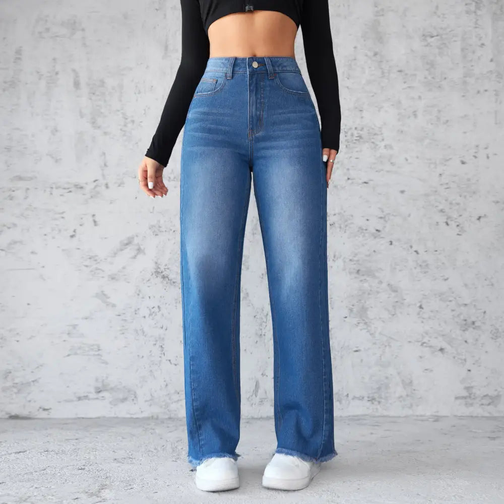 Fashion Straight Wide Leg Jeans Casual High Waist Non Elastic Women's Beyond Trends Hub