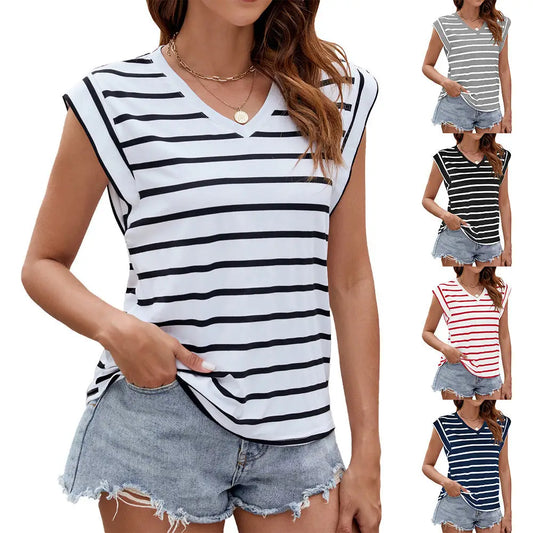 Fashion Stripe Print V-neck Short-sleeved T-Shirt Summer Loose Tank Top Womens Clothing Beyond Trends Hub