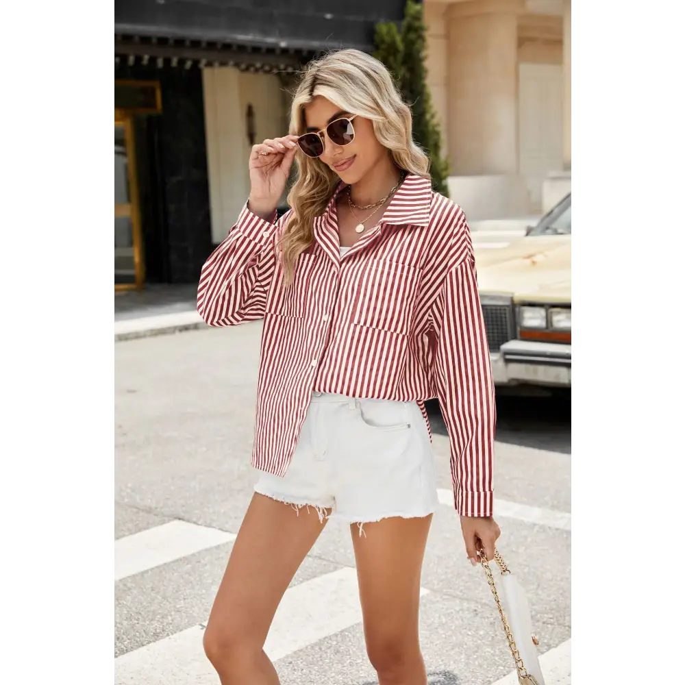 Fashion Striped Long Sleeve Shirt With Pockets Casual Loose Single-breasted Button Top Women Clothing Beyond Trends Hub