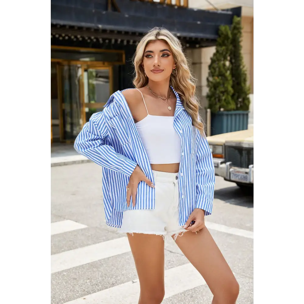 Fashion Striped Long Sleeve Shirt With Pockets Casual Loose Single-breasted Button Top Women Clothing Beyond Trends Hub