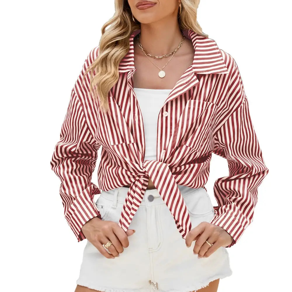 Fashion Striped Long Sleeve Shirt With Pockets Casual Loose Single-breasted Button Top Women Clothing Beyond Trends Hub