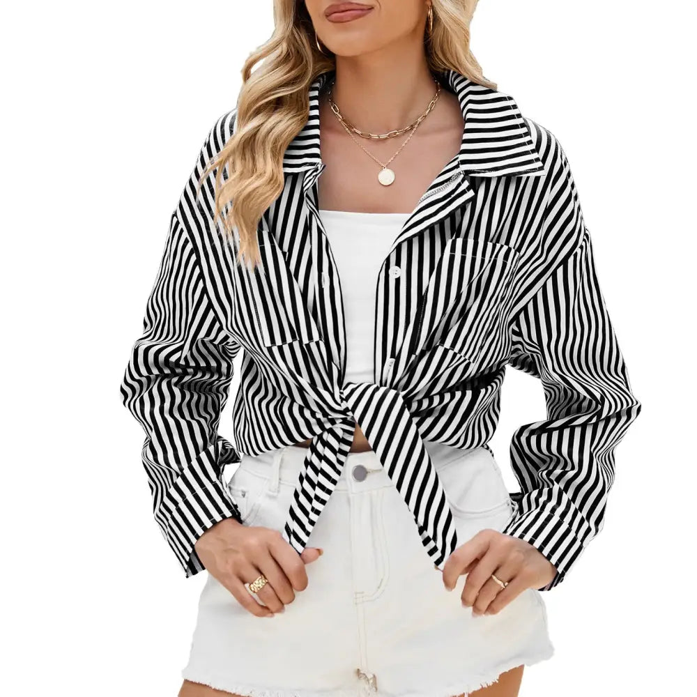 Fashion Striped Long Sleeve Shirt With Pockets Casual Loose Single-breasted Button Top Women Clothing Beyond Trends Hub