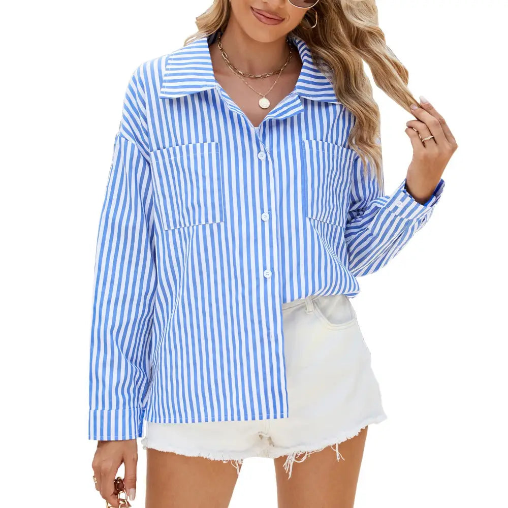 Fashion Striped Long Sleeve Shirt With Pockets Casual Loose Single-breasted Button Top Women Clothing Beyond Trends Hub