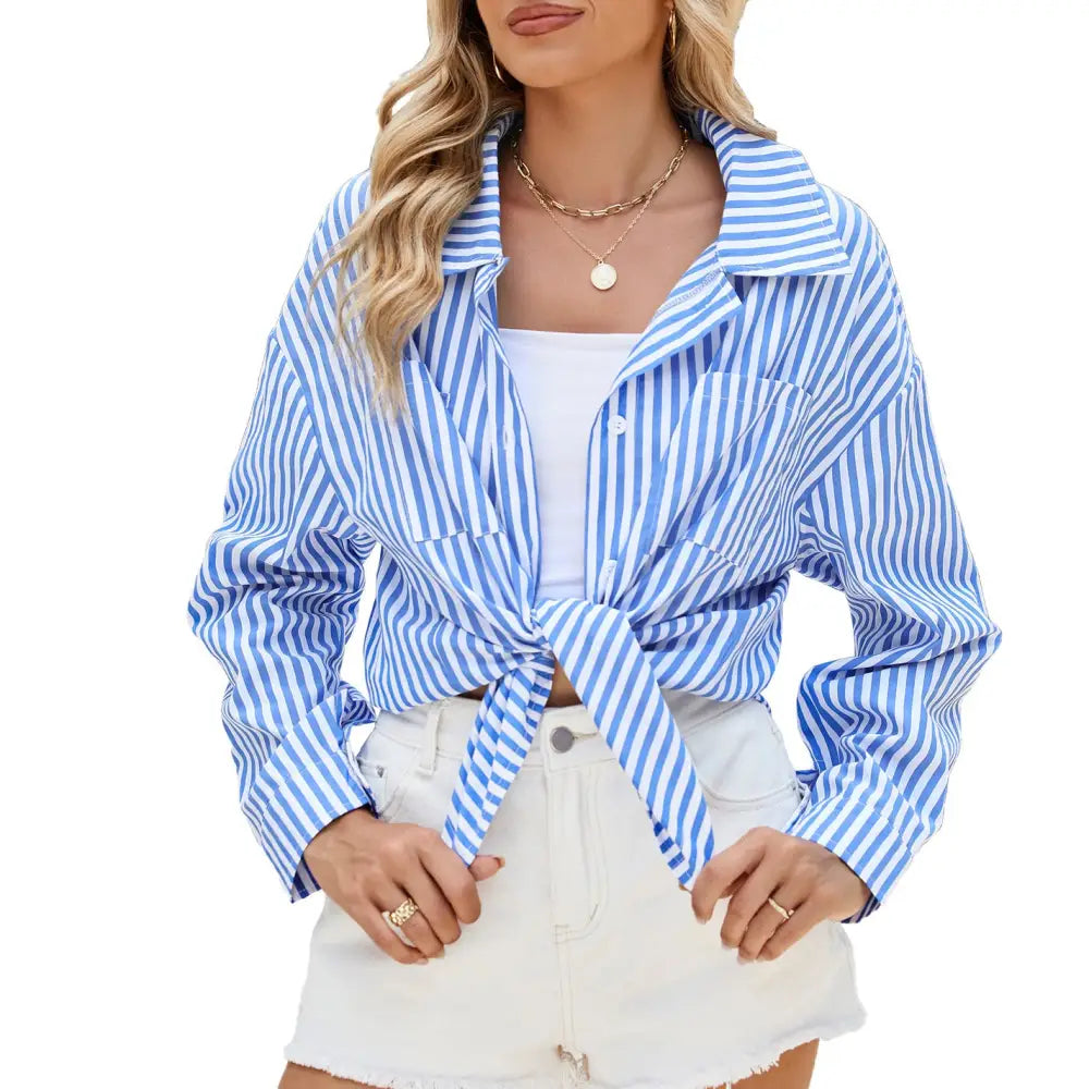 Fashion Striped Long Sleeve Shirt With Pockets Casual Loose Single-breasted Button Top Women Clothing Beyond Trends Hub