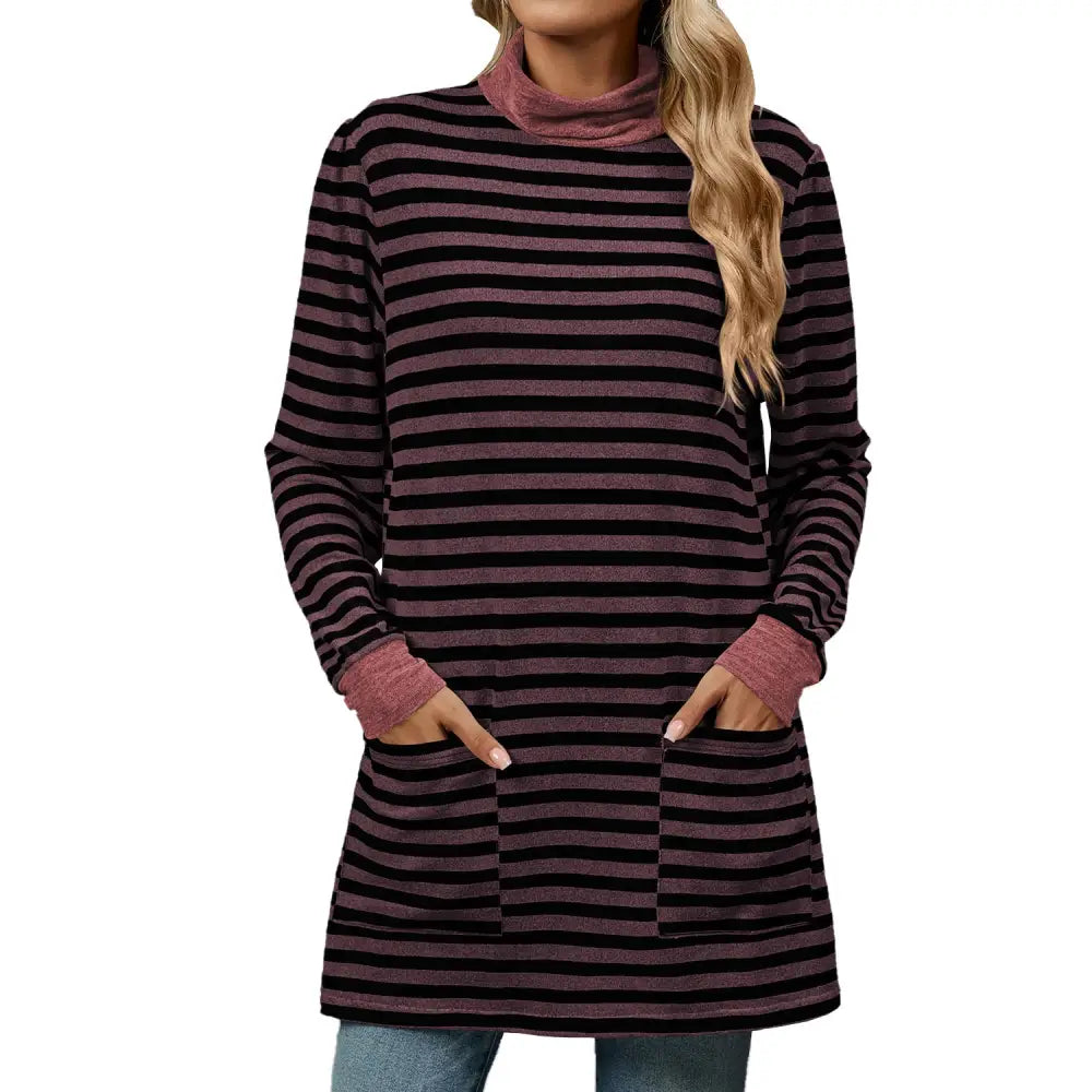 Fashion Striped Print Long Sweatshirt With Pocket Loose Long Sleeve Pullover T-shirt Top For Womens Clothing Beyond Trends Hub