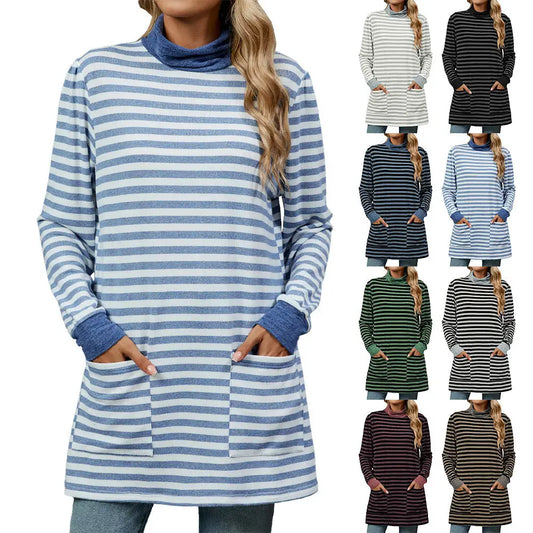 Fashion Striped Print Long Sweatshirt With Pocket Loose Long Sleeve Pullover T-shirt Top For Womens Clothing Beyond Trends Hub