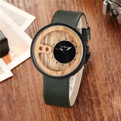Fashion Top Brand Wooden Watch Men Exquisite Carving Hollow Design Male Clock Unique Green Leather Quartz Wood Watches - Beyond Trends Hub 