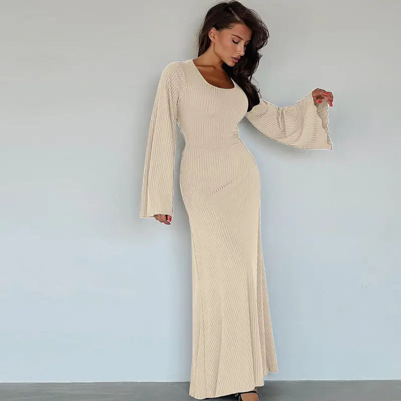 Fashion U-neck Dress Back Lace-up Long Bell Sleeve Dresses Women - Apricot / S