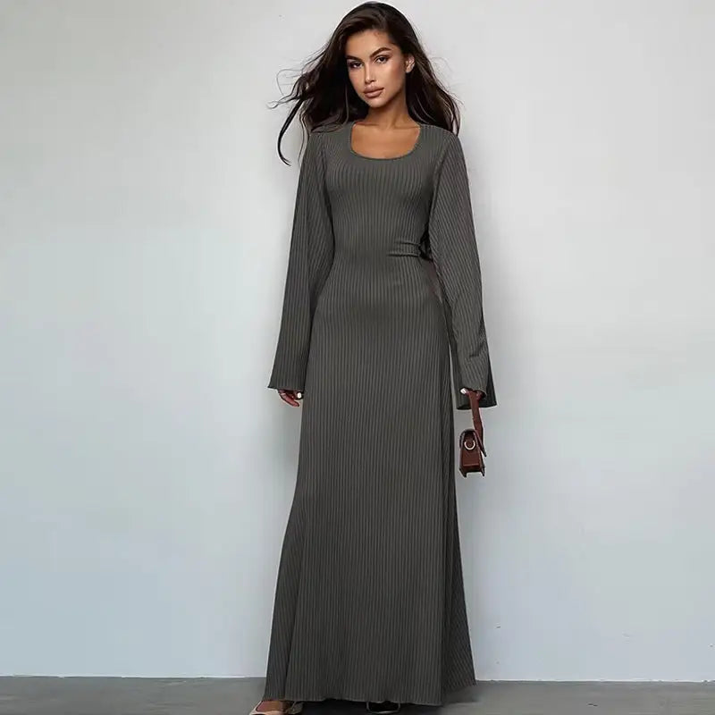 Fashion U-neck Dress Back Lace-up Long Bell Sleeve Dresses Women - Dark Gray / S