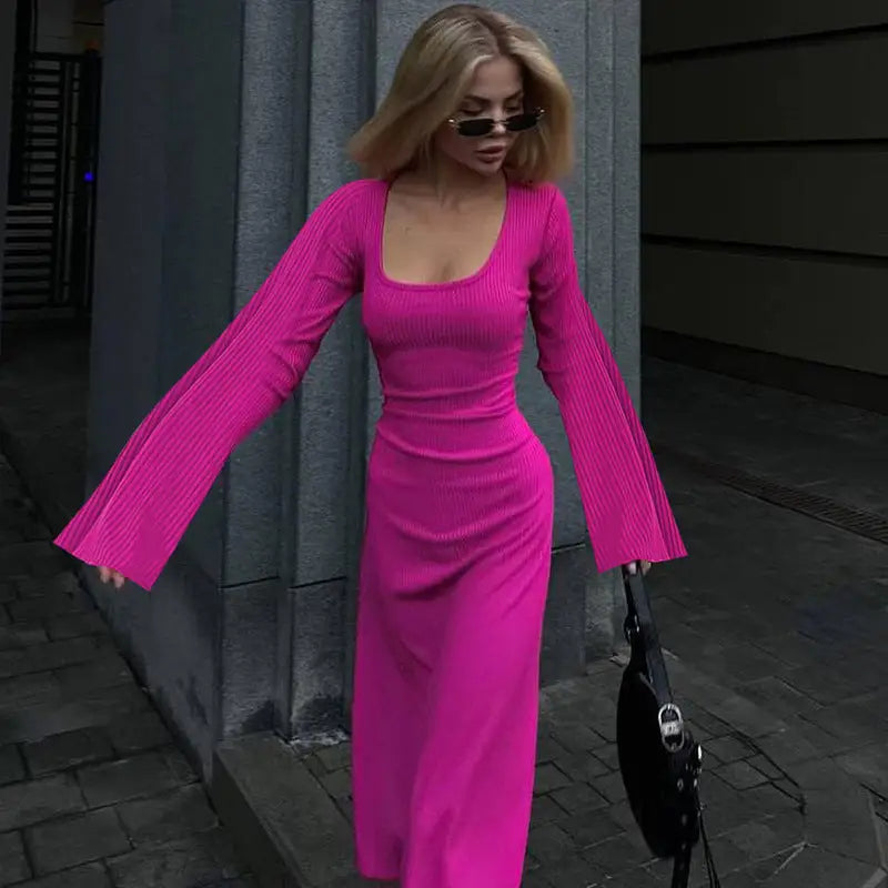 Fashion U-neck Dress Back Lace-up Long Bell Sleeve Dresses Women - Rose Red / S