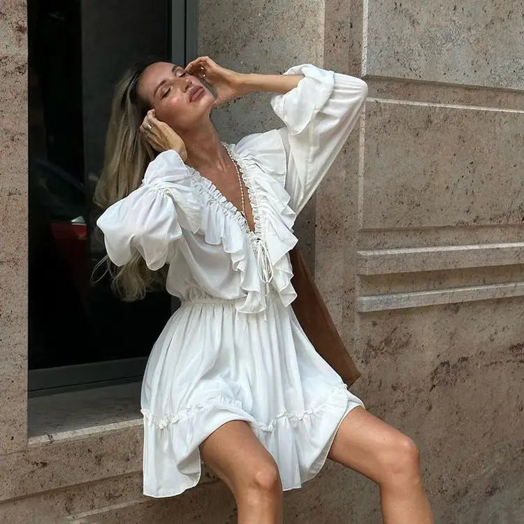 Fashion V Neck Pleated Ruffle Long Sleeve Dress Y2K V Neck Flared Sleeve Short Dress Women's Clothing Beyond Trends Hub