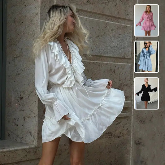 Fashion V Neck Pleated Ruffle Long Sleeve Dress Y2K V Neck Flared Sleeve Short Dress Women's Clothing Beyond Trends Hub