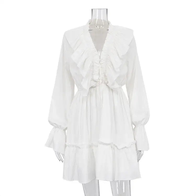 Fashion V Neck Pleated Ruffle Long Sleeve Dress Y2K V Neck Flared Sleeve Short Dress Women's Clothing Beyond Trends Hub
