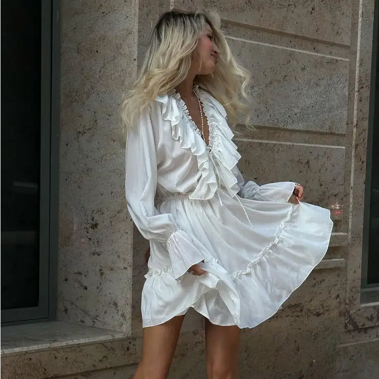 Fashion V Neck Pleated Ruffle Long Sleeve Dress Y2K V Neck Flared Sleeve Short Dress Women's Clothing Beyond Trends Hub