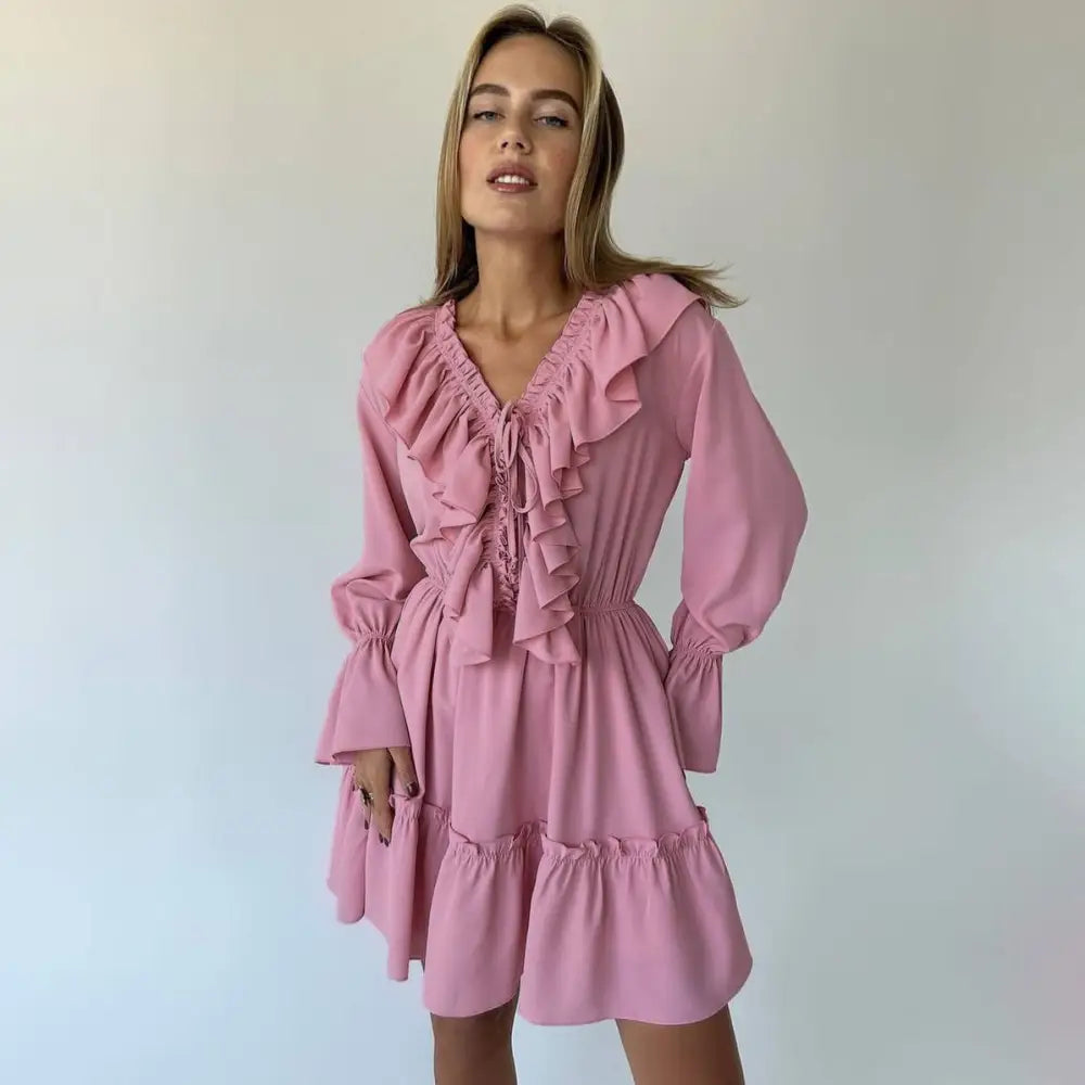 Fashion V Neck Pleated Ruffle Long Sleeve Dress Y2K V Neck Flared Sleeve Short Dress Women's Clothing Beyond Trends Hub