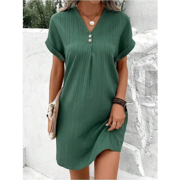 Fashion V-neck Short-sleeved Dress Casual Solid Strip Button Dresses Womens Clothing Beyond Trends Hub