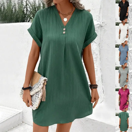 Fashion V-neck Short-sleeved Dress Casual Solid Strip Button Dresses Womens Clothing Beyond Trends Hub