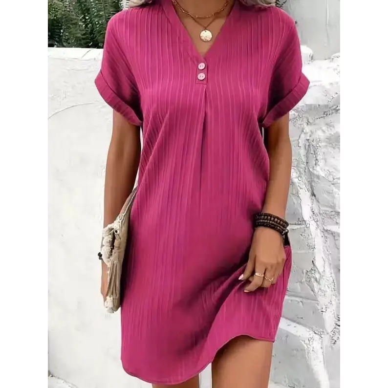 Fashion V-neck Short-sleeved Dress Casual Solid Strip Button Dresses Womens Clothing Beyond Trends Hub