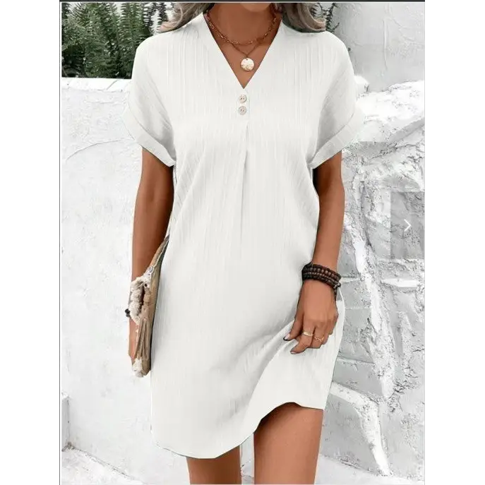 Fashion V-neck Short-sleeved Dress Casual Solid Strip Button Dresses Womens Clothing Beyond Trends Hub