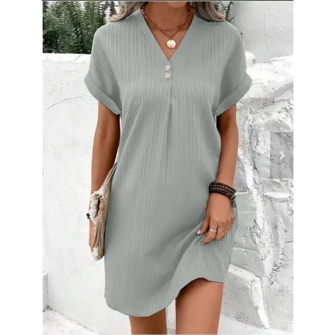Fashion V-neck Short-sleeved Dress Casual Solid Strip Button Dresses Womens Clothing Beyond Trends Hub