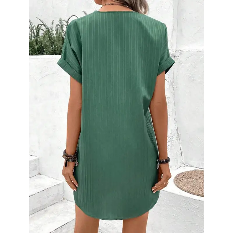 Fashion V-neck Short-sleeved Dress Casual Solid Strip Button Dresses Womens Clothing Beyond Trends Hub