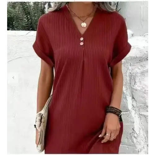 Fashion V-neck Short-sleeved Dress Casual Solid Strip Button Dresses Womens Clothing Beyond Trends Hub