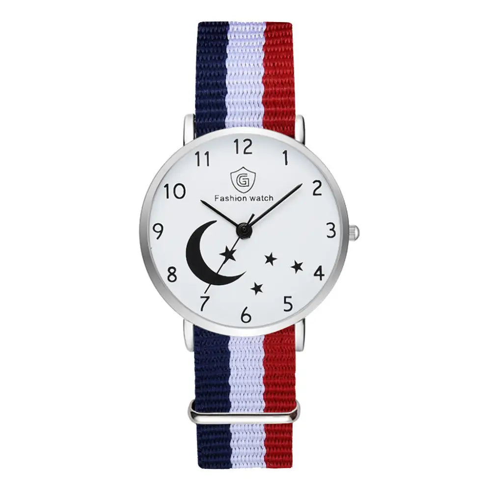 Fashion Watch For Women Bracelet Set Casual Canvas Strap Ladies Watches Moon Stars Pattern Quartz Wristwatches Female Gift Clock - Beyond Trends Hub 