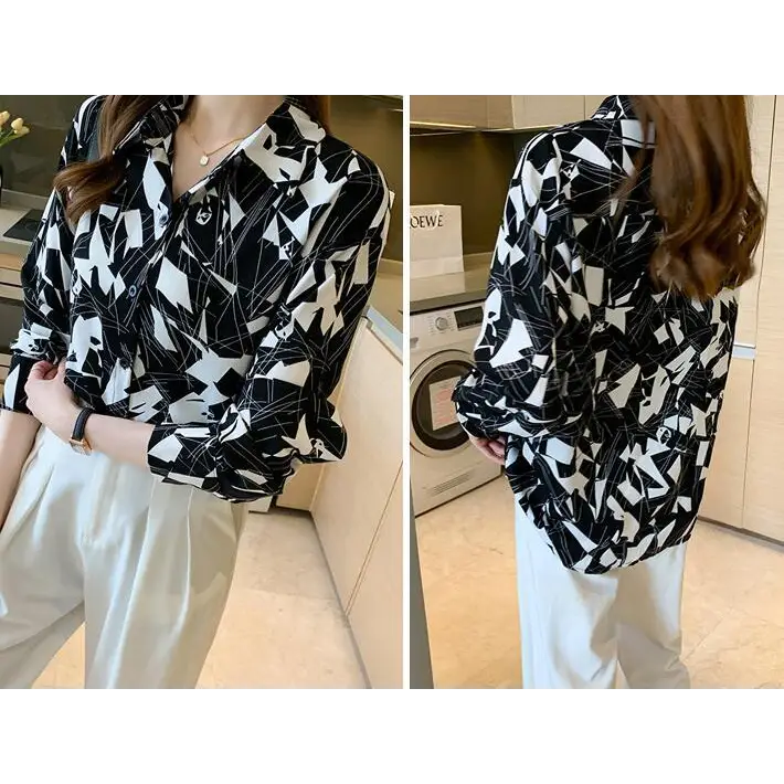 Fashion Women’s Square Collar Printed Long-sleeved Shirt