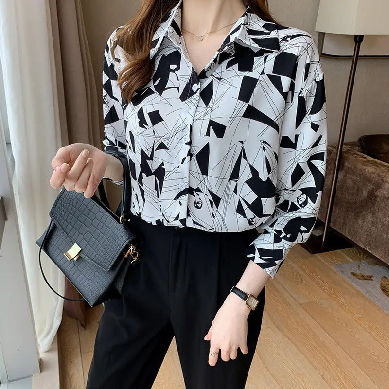 Fashion Women’s Square Collar Printed Long-sleeved Shirt