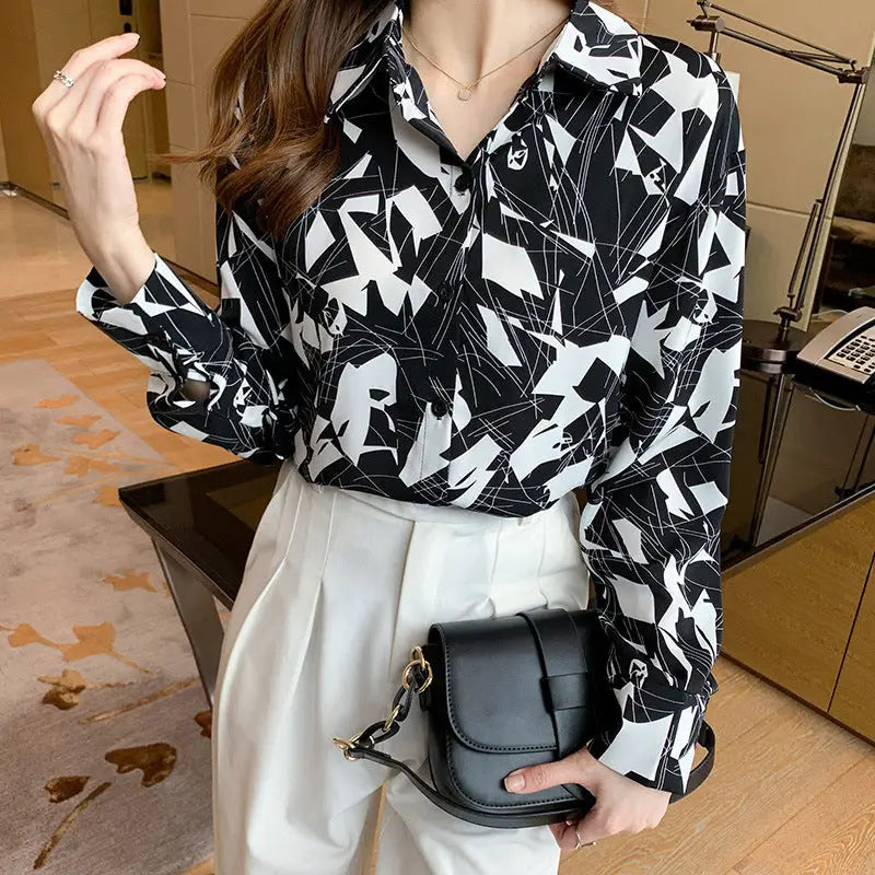 Fashion Women’s Square Collar Printed Long-sleeved Shirt - Black / L