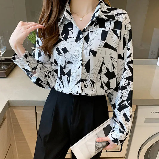 Fashion Women’s Square Collar Printed Long-sleeved Shirt - White / L