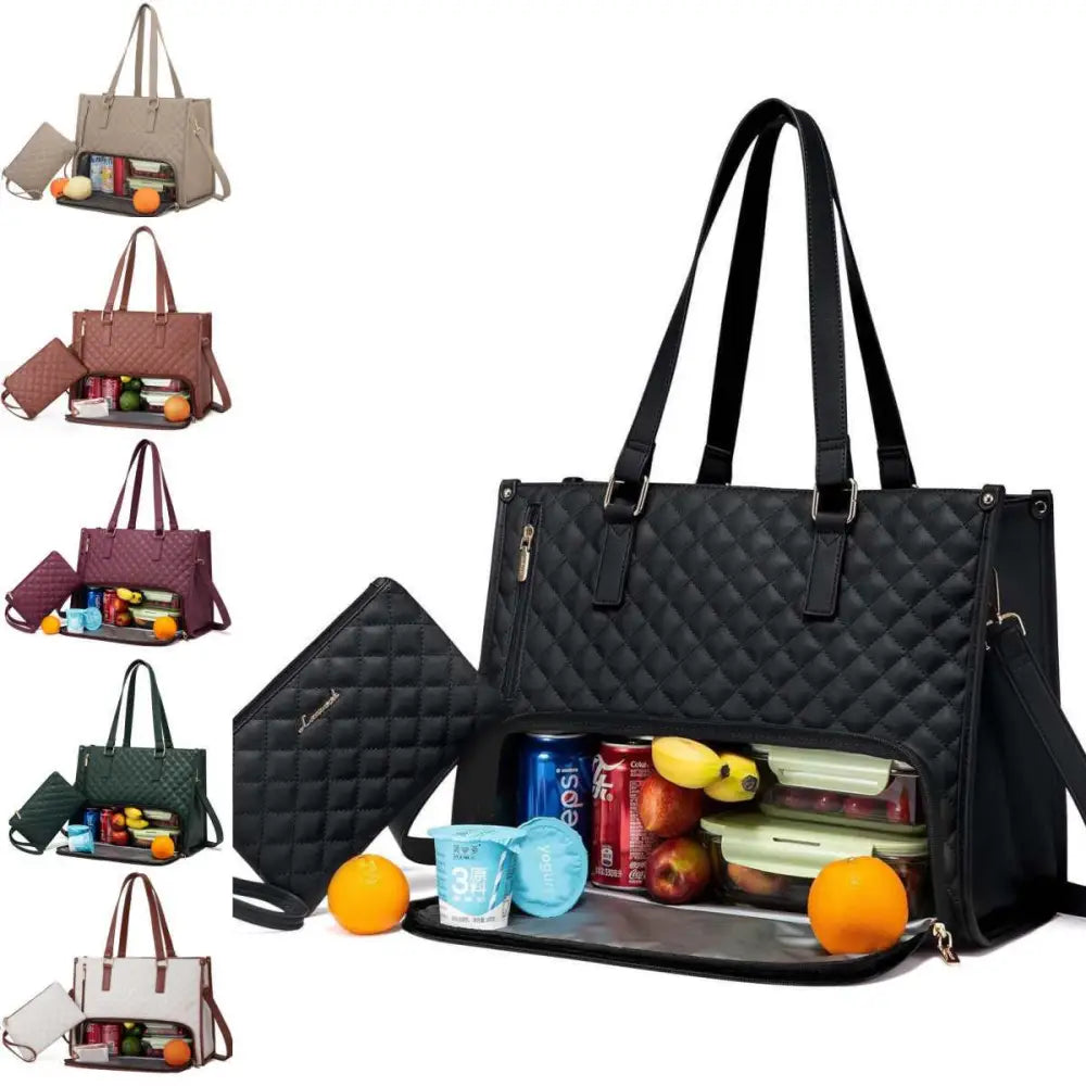 Fashionable Lunch Tote Bag Women’s Thermal Insulation Lunch Box Leak-proof Crossbody Computer Storage Bag Quilted Large