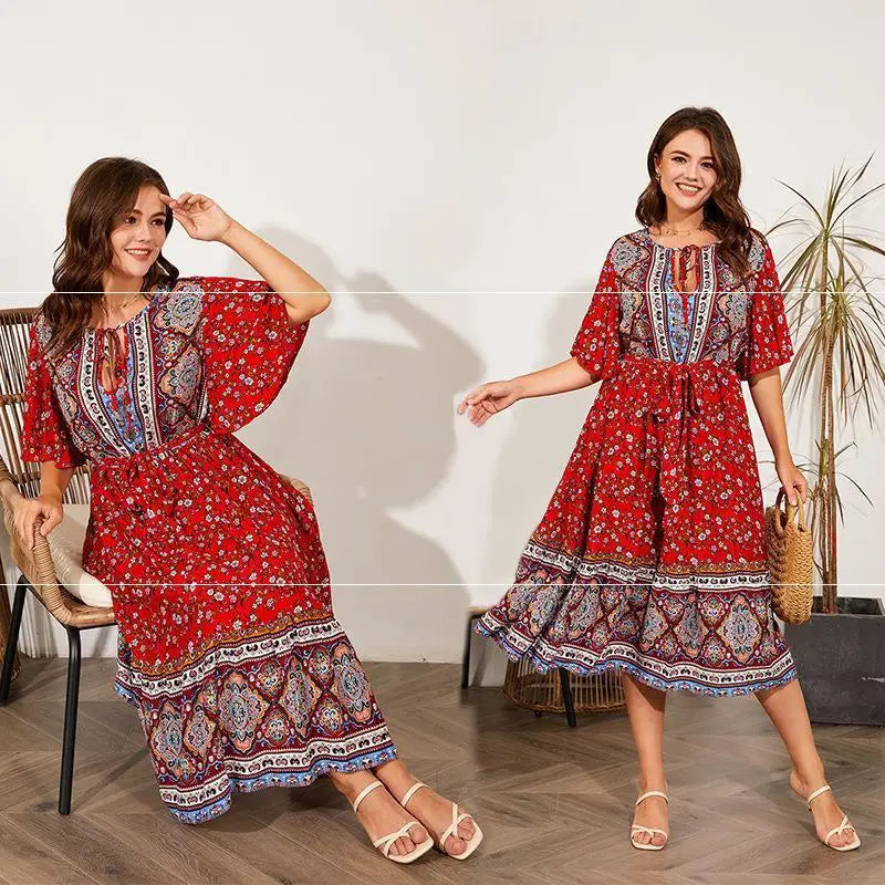 Fat Women Dresses Summer V Neck Print Beach Dress - Red / L