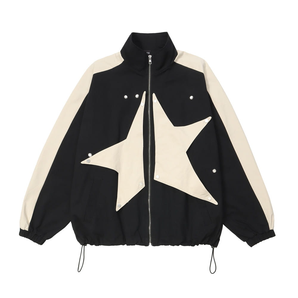 High Street Design Patch Five-pointed Star Stand Collar Zipper Coat For Men