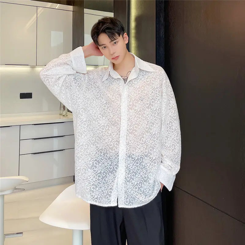 Men Transparent Embroidered Flowers Long-sleeved Shirt Sunscreen Tide