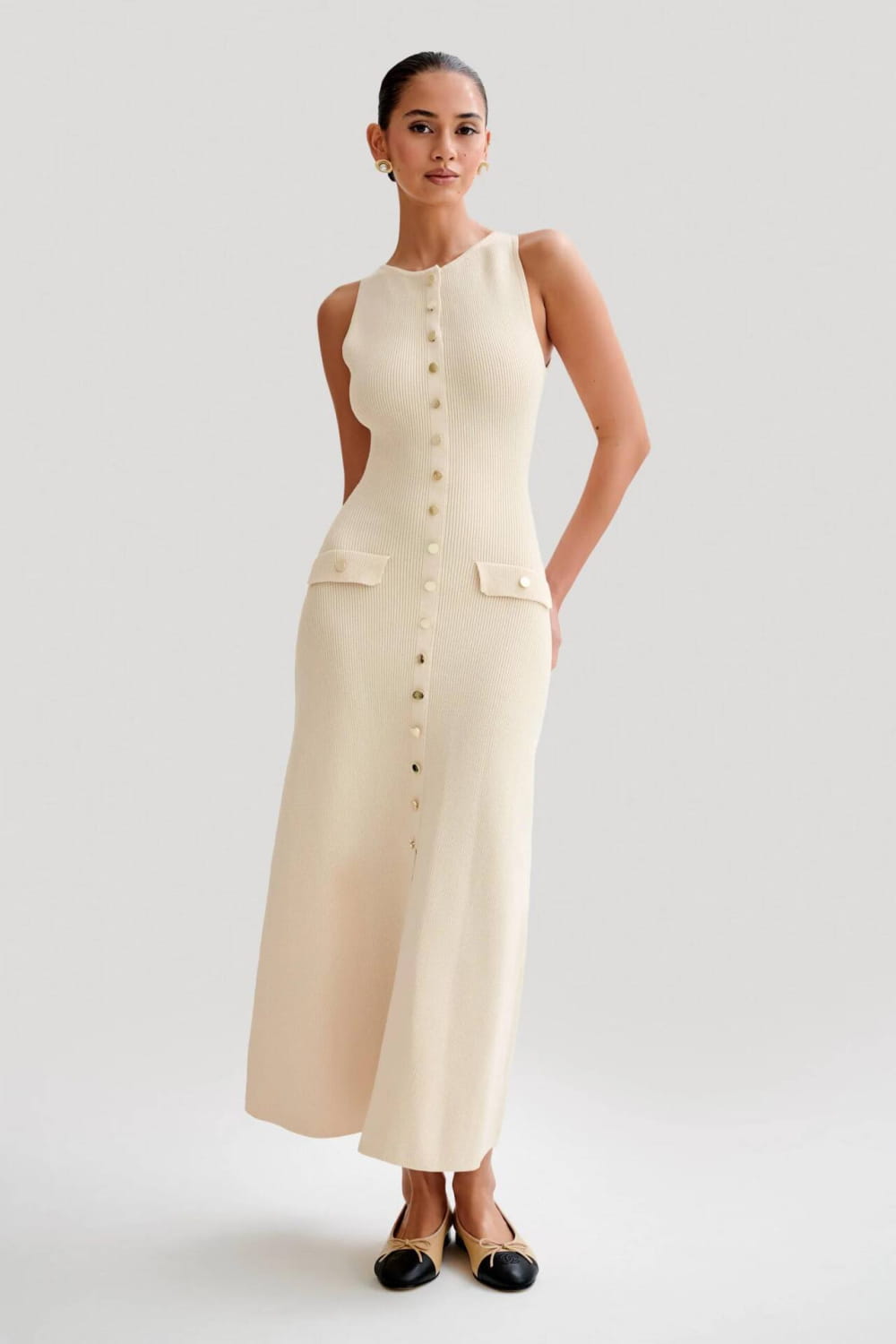 Elegant Knitted Sleeveless Dress With Single Breast Fashion Slim Round Neck Long Dresses Womens Clothing