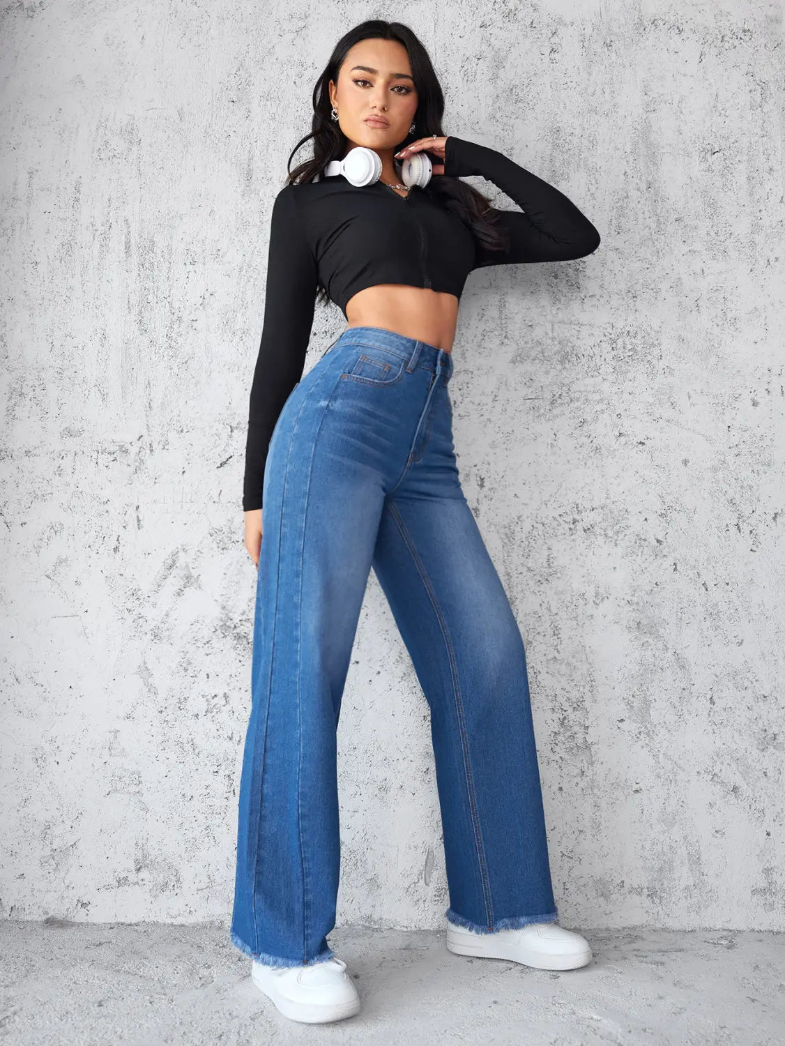 Fashion Straight Wide Leg Jeans Casual High Waist Non Elastic Women’s
