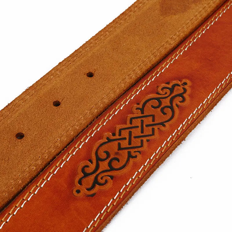 Embossed brown leather belt from Auspicious Pattern Embossing collection for men and women.