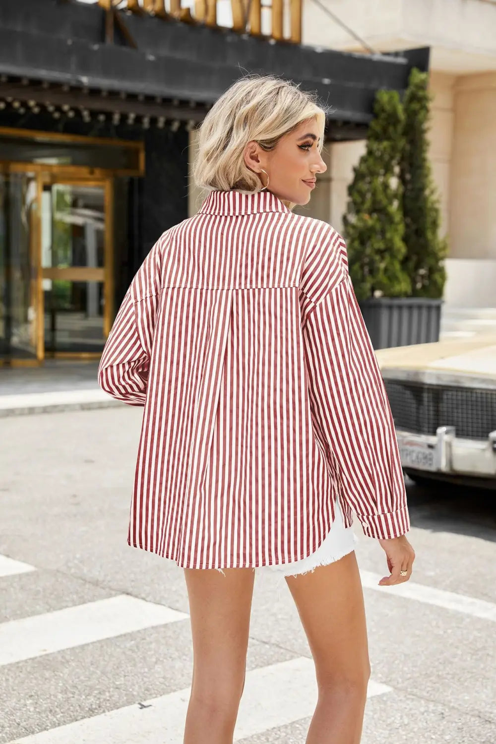 Fashion Striped Long Sleeve Shirt With Pockets Casual Loose Single-breasted Button Top Women Clothing