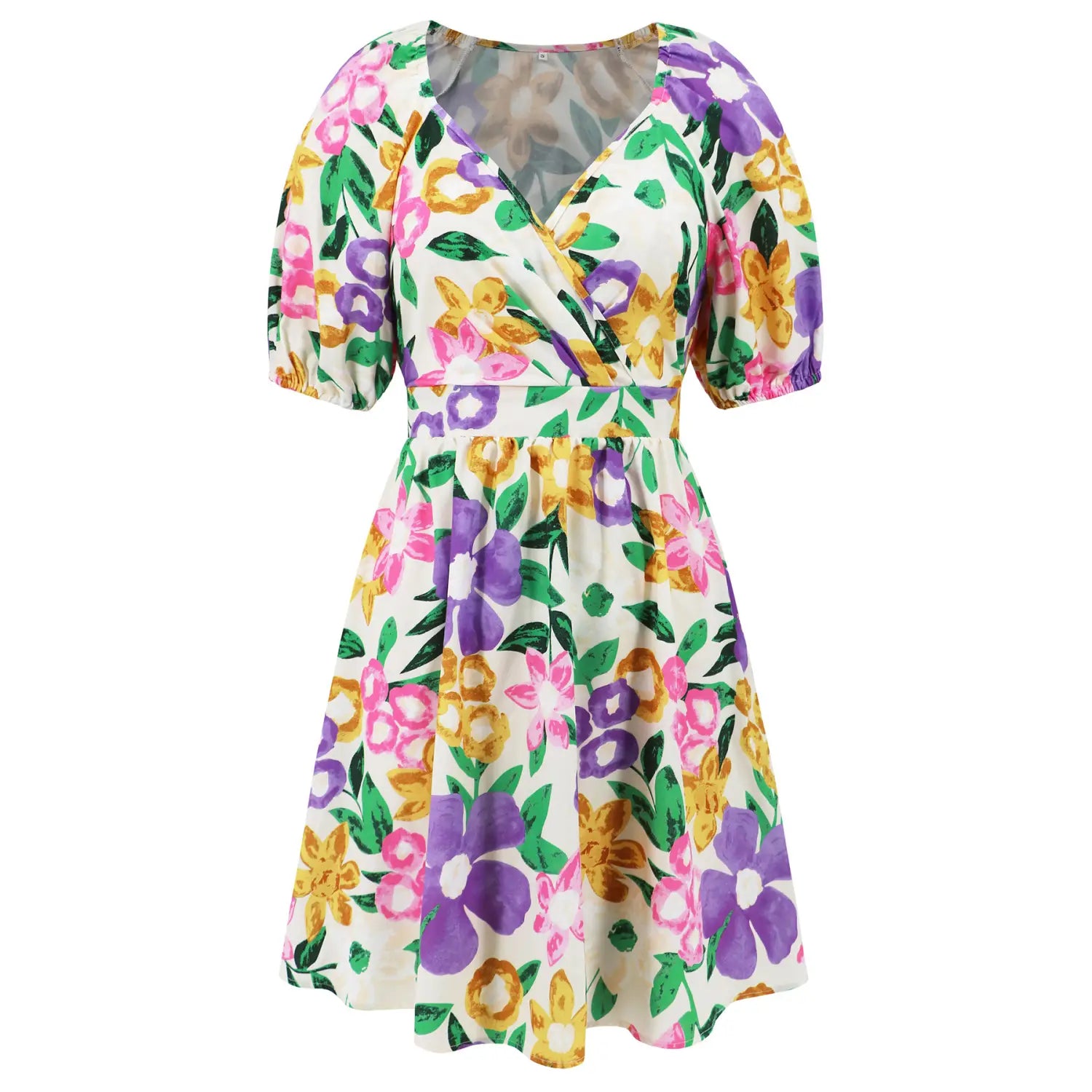 Flowers Print V-Neck Lantern-sleeve Dress Y2K Summer Vacation Beach Short Dresses Fashion Womens Clothing