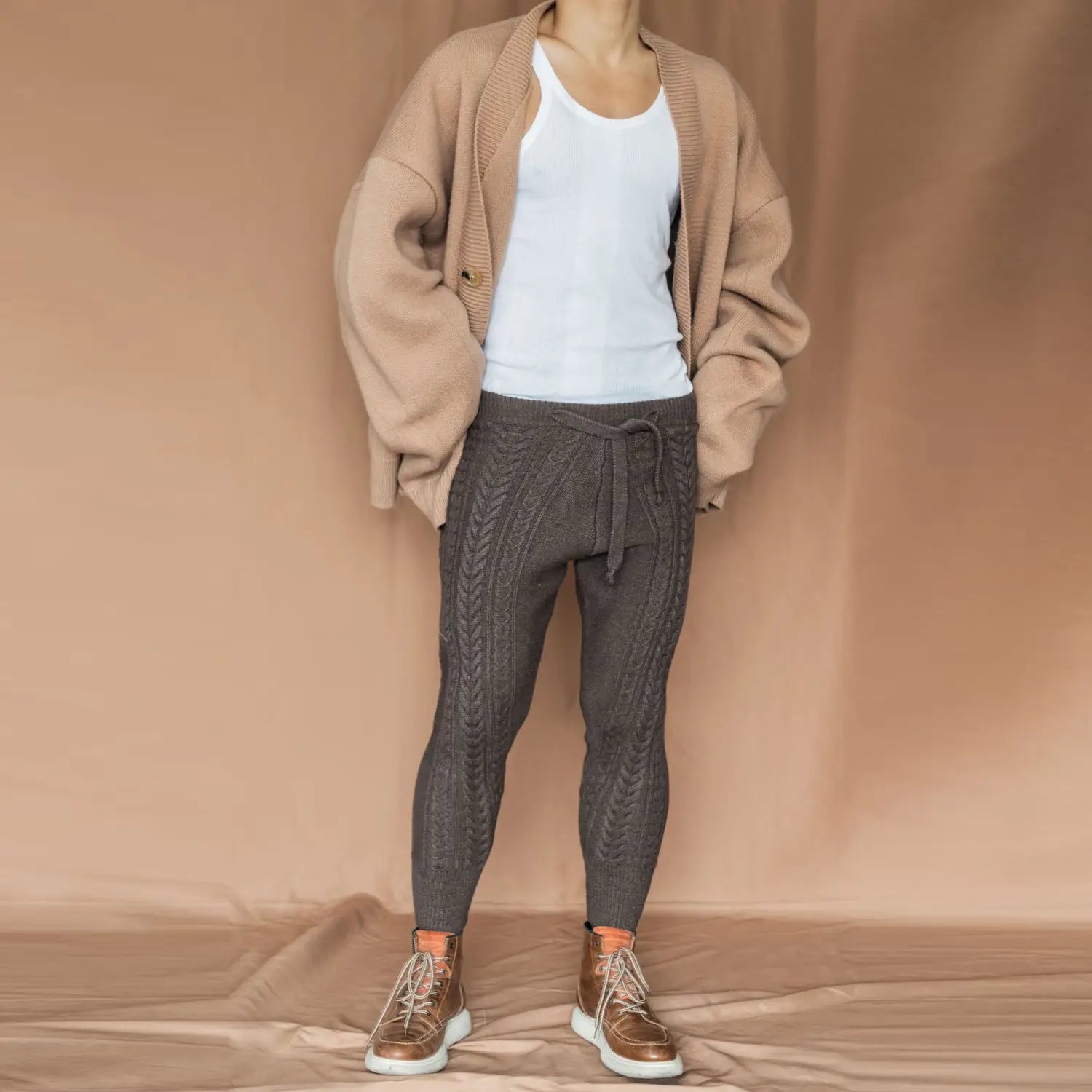 Teenager Straight Solid Color Woolen Mid Waist Trousers Men