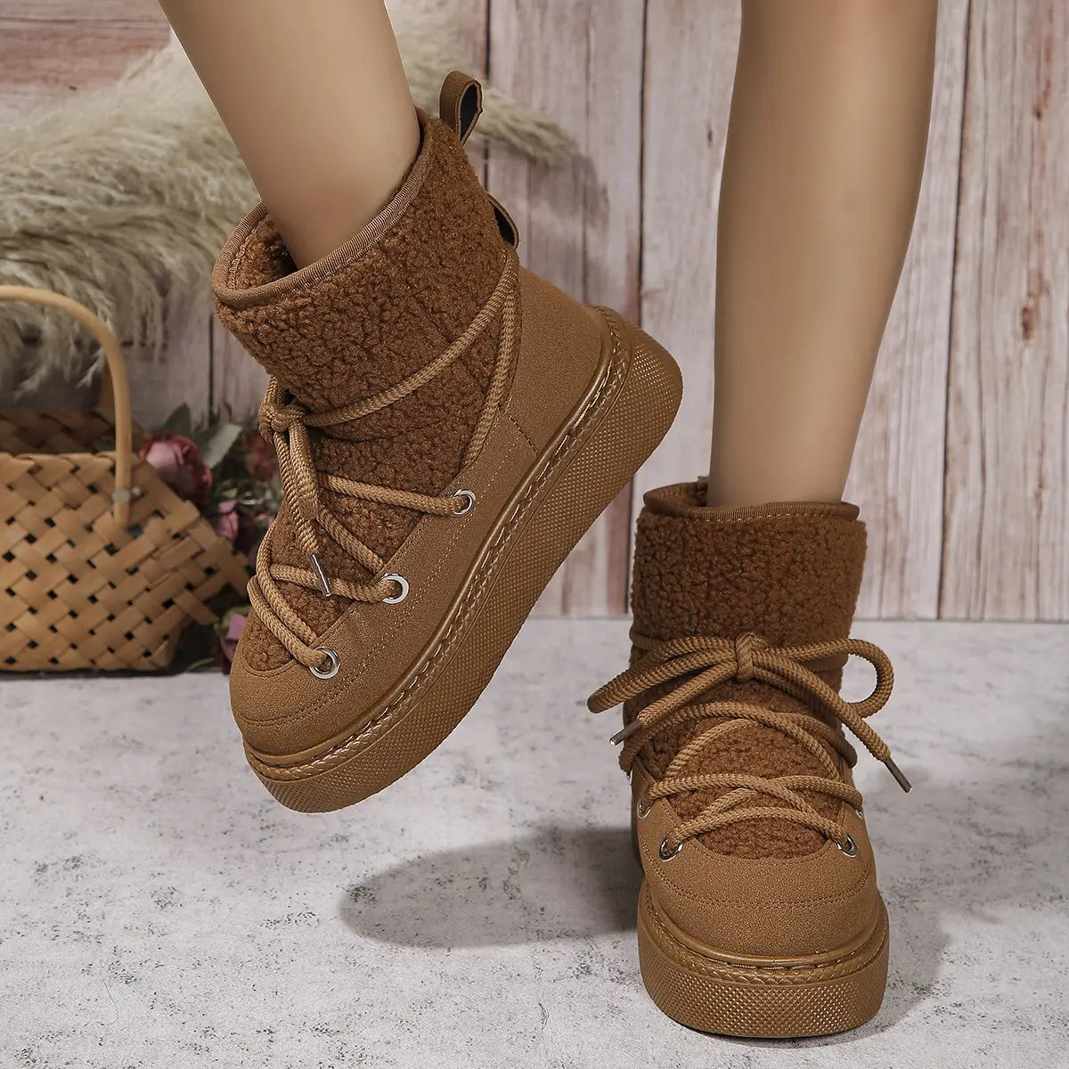 Fashion Lace-up Snow Boots Winter Flat Thick-soled Height-enhancing Cotton Shoes For Women Casual Warm Short Boot
