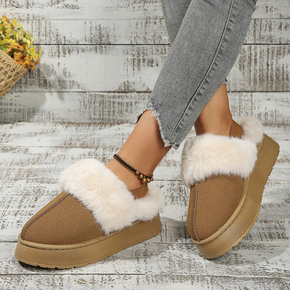 Winter Plush Home Slippers With Back-heeled Elastic Band Design Fashion Round Toe Flat Garden Shoes Warm Floor Slipper