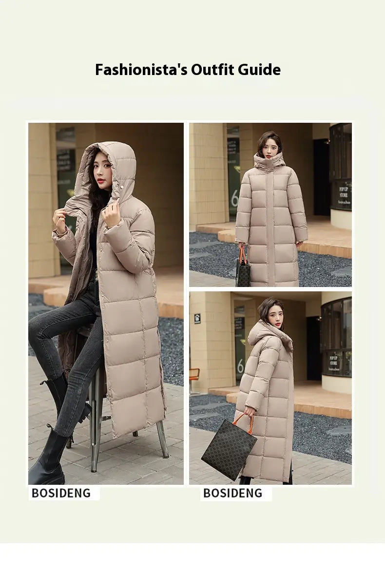 Women’s Super Long Down Jacket Winter Puffer Thick Coat Black Red Hooded Zipper Keep Warm Fall Winter Casual Clothes
