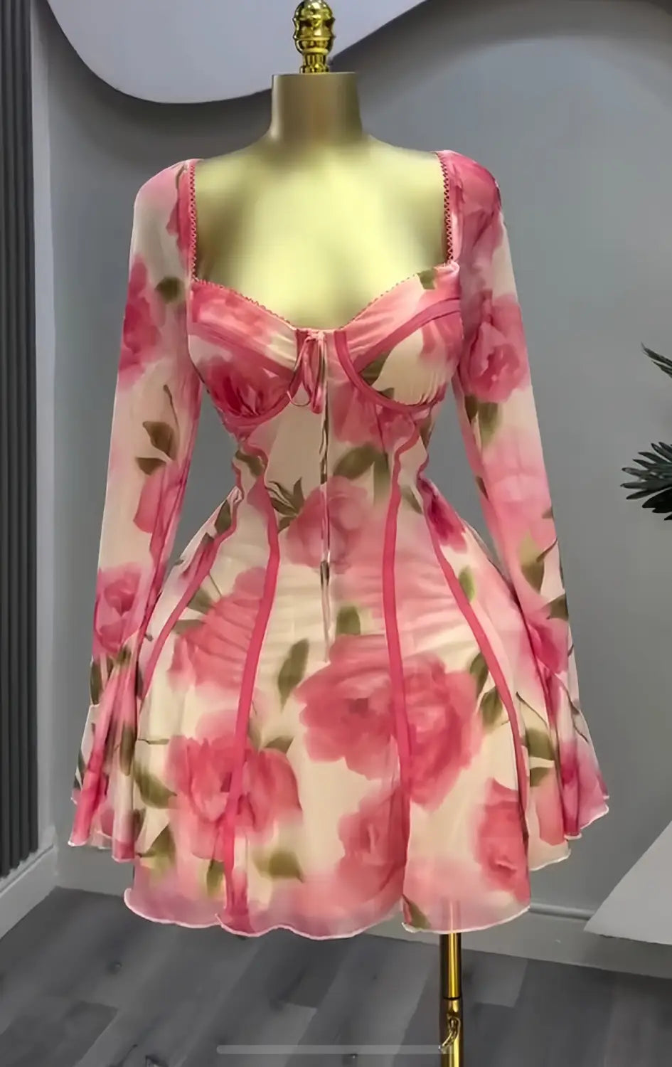 Women’s Flared Long Sleeve Tied Lotus Leaf Flower Print Dress