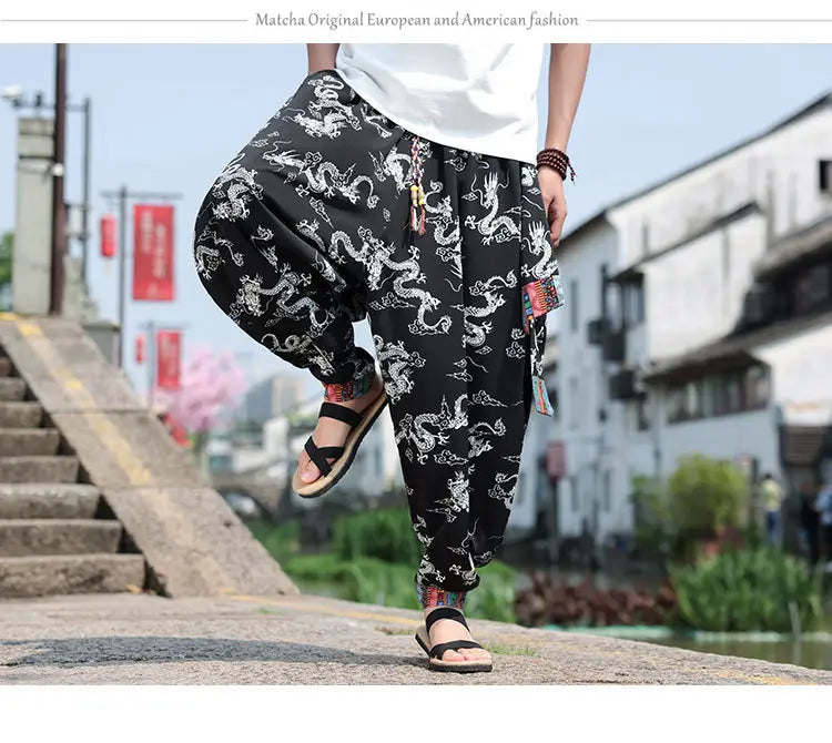 Men’s Plus Size Dragon Pattern Thin Chinese Trousers