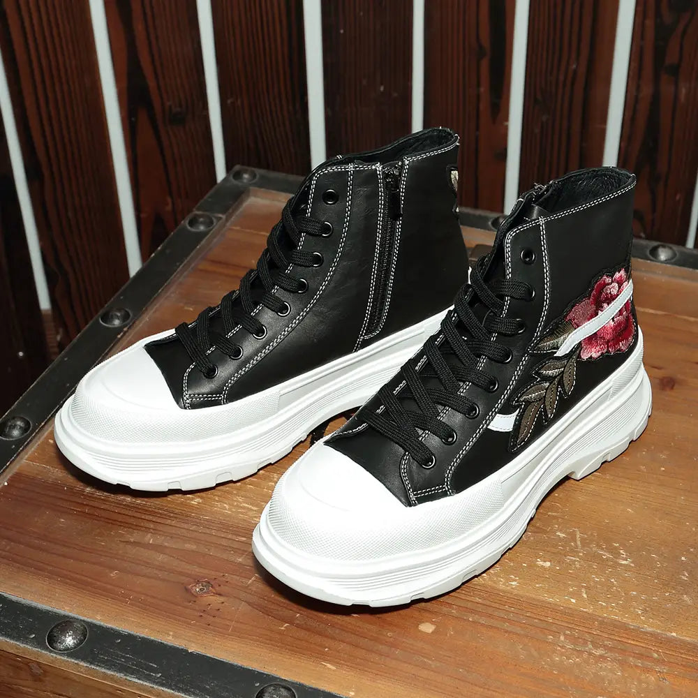 Personalized Embroidered High-top Shoes Men’s Leather Zipper Lace High-top Sneakers