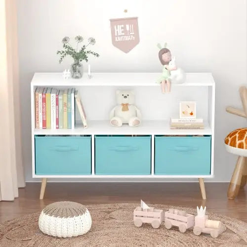 Fiberboard Children’s Bookshelf With Foldable Fabric Drawers - WhiteBlue - 5