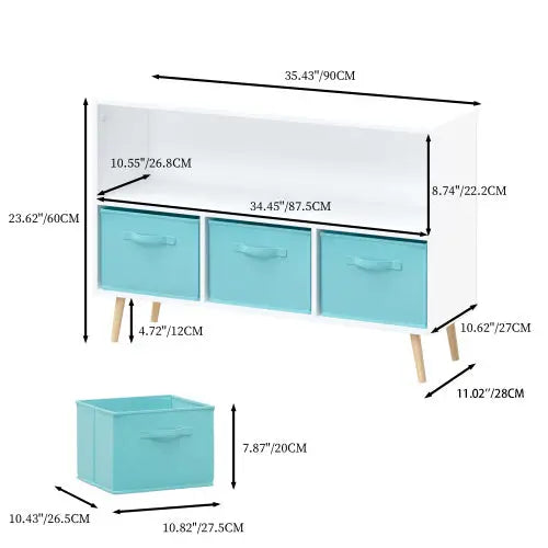 Fiberboard Children’s Bookshelf With Foldable Fabric Drawers - WhiteBlue - 5