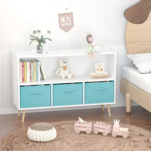 Fiberboard Children’s Bookshelf With Foldable Fabric Drawers - WhiteBlue - 5